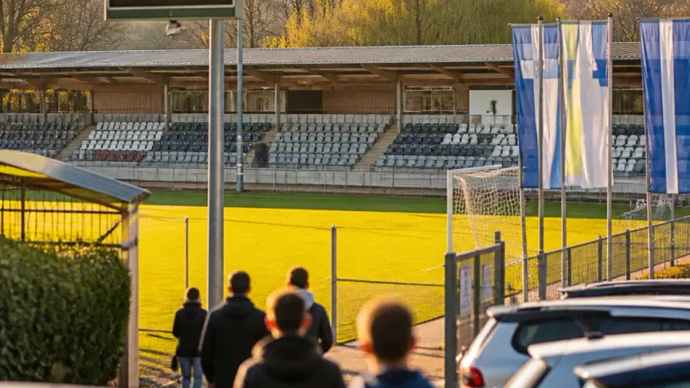 Fünf Personen gehen an einem leeren Stadion vorbei, das auf der linken Seite eines Fußballfeldes steht, mit einem Fahnenmast mit einer Flagge auf der rechten Seite.