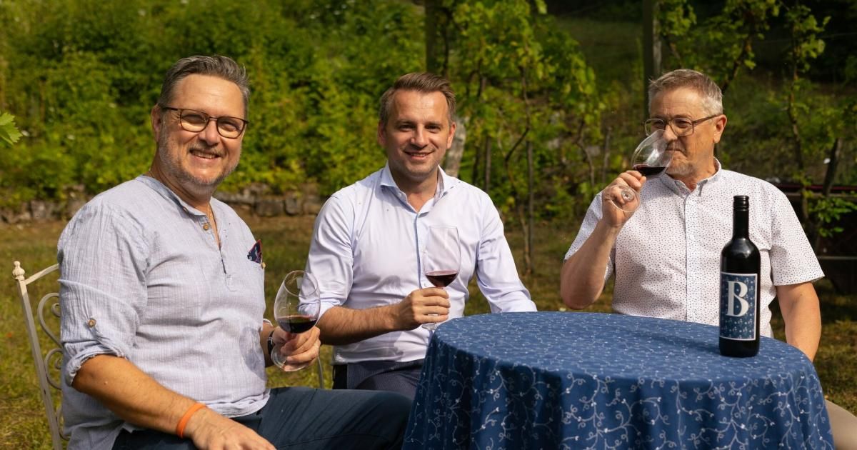Drei Männer sitzen im Freien, lächeln und halten Weingläser. Sie sind in einem Weinberg mit Grünpflanzen im Hintergrund.