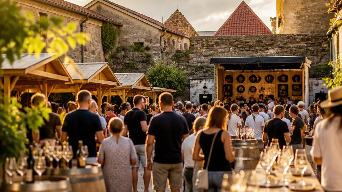Eine Menschenmenge versammelt sich um eine Bühne mit einem Fass-Bühnenaufbau, möglicherweise bei einem Festival oder einer Outdoor-Veranstaltung. Einige Leute halten Weingläser, andere stehen in der Nähe von Holzständen.