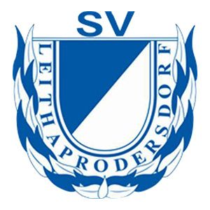 Das blau-weiße Logo von SV Leithaprodersdorf zeigt einen Schild mit einem weißen Dreieck in der Mitte, umgeben von blauen Flammen und Lorbeerblättern.