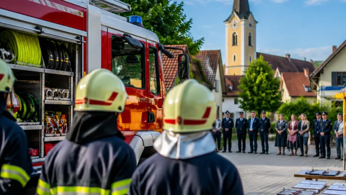 Zwei Feuerwehrleute in gelben Helmen stehen vor einem roten Feuerwehrauto. Dahinter steht eine Reihe von formell gekleideten Personen. Ein Kirchturm ist im Hintergrund zu sehen.
