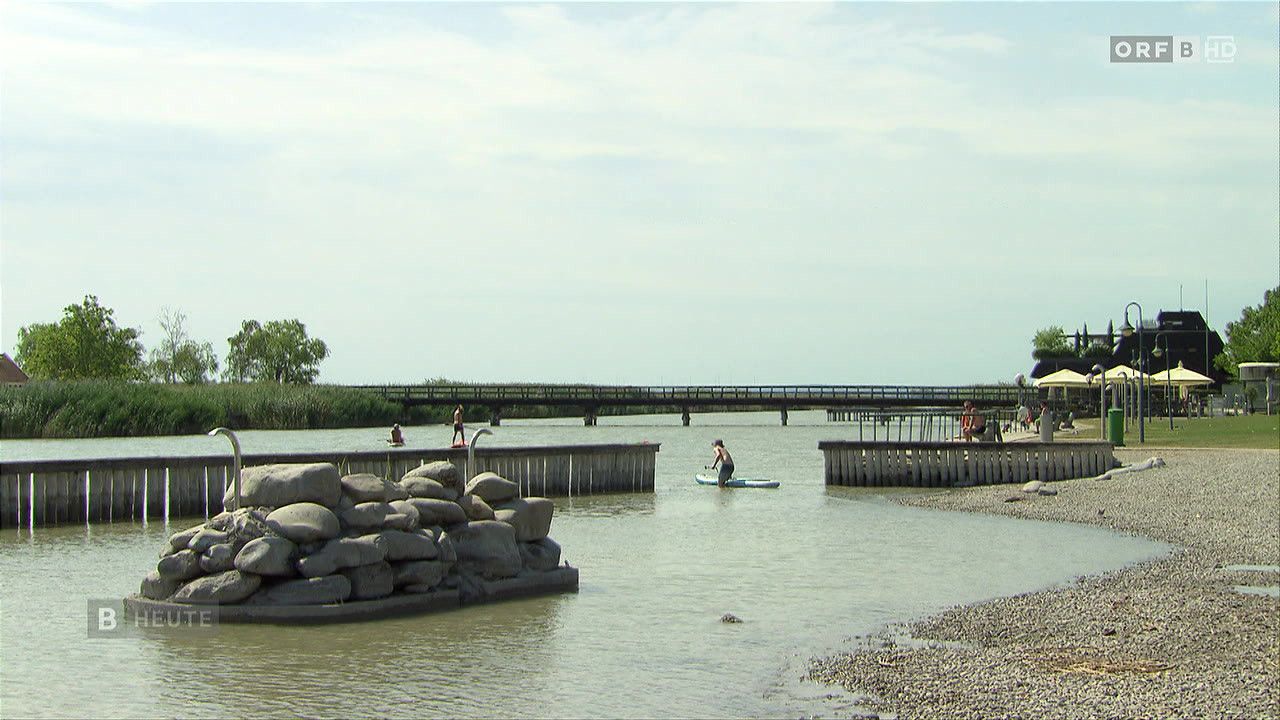 Eine friedliche Seelandschaft mit einer Brücke im Hintergrund, Schwimmende und eine Person auf einem Paddelboard im Vordergrund.