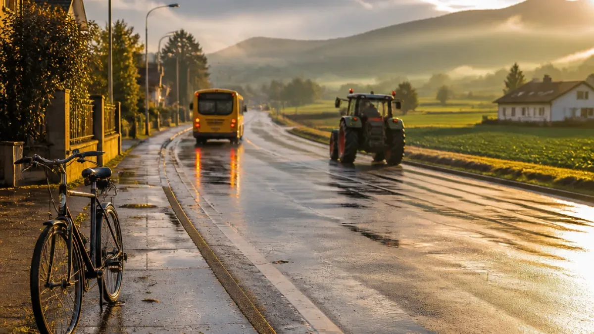 Eine nasse Straße mit einem gelben Bus und einem Traktor, umgeben von Bäumen und einem Berg in der Ferne.