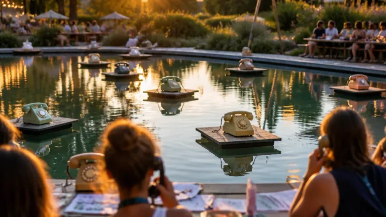 Eine Frau benutzt ein altes Telefon, das auf einem Pool schwimmt, während andere den Sonnenuntergang im Hintergrund genießen.