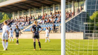 Eine Fußballspielerin mit der Nummer 1 auf ihrem schwarzen Trikot steht vor dem Tornetz. Zuschauer sitzen auf den Tribünen und verfolgen das Spiel.