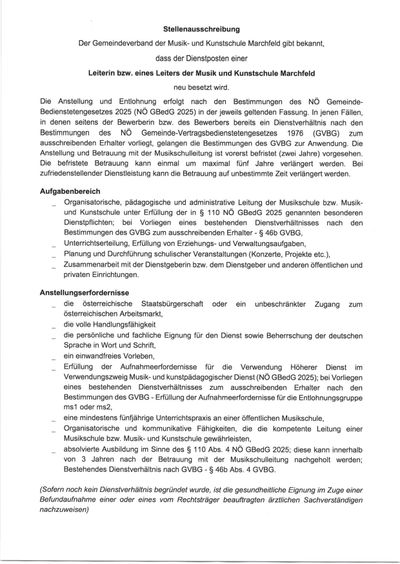 Dokument zur Ernennung und Entlassung eines Musikschulleiters gemäß dem NO Gemeinde-Bedienstetengesetzes 2025. Es beschreibt die Dienstbedingungen, Kündigungsbedingungen und die Anforderungen für den Ernannten.