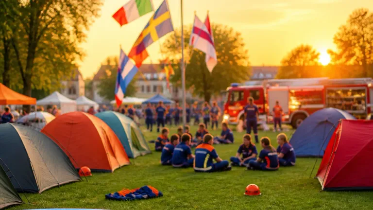 Eine Gruppe von Menschen in Uniformen sitzt auf dem Rasen, mit Zelten und Flaggen im Hintergrund. Ein Feuerwehrauto ist in der Nähe geparkt.