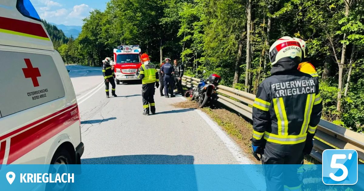 Rettungskräfte und Polizeibeamte kümmern sich um einen Motorradunfall auf einer Straße mit einem Schutzgeländer und üppiger Grünfläche im Hintergrund.