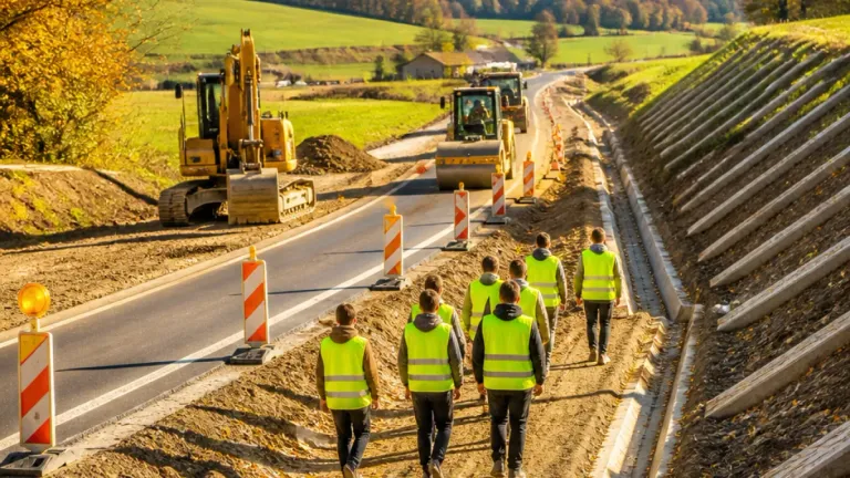 Eine Gruppe von Arbeitern in Warnwesten geht auf einer im Bau befindlichen Straße, mit schwerem Baugerät und Verkehrskegeln im Hintergrund.