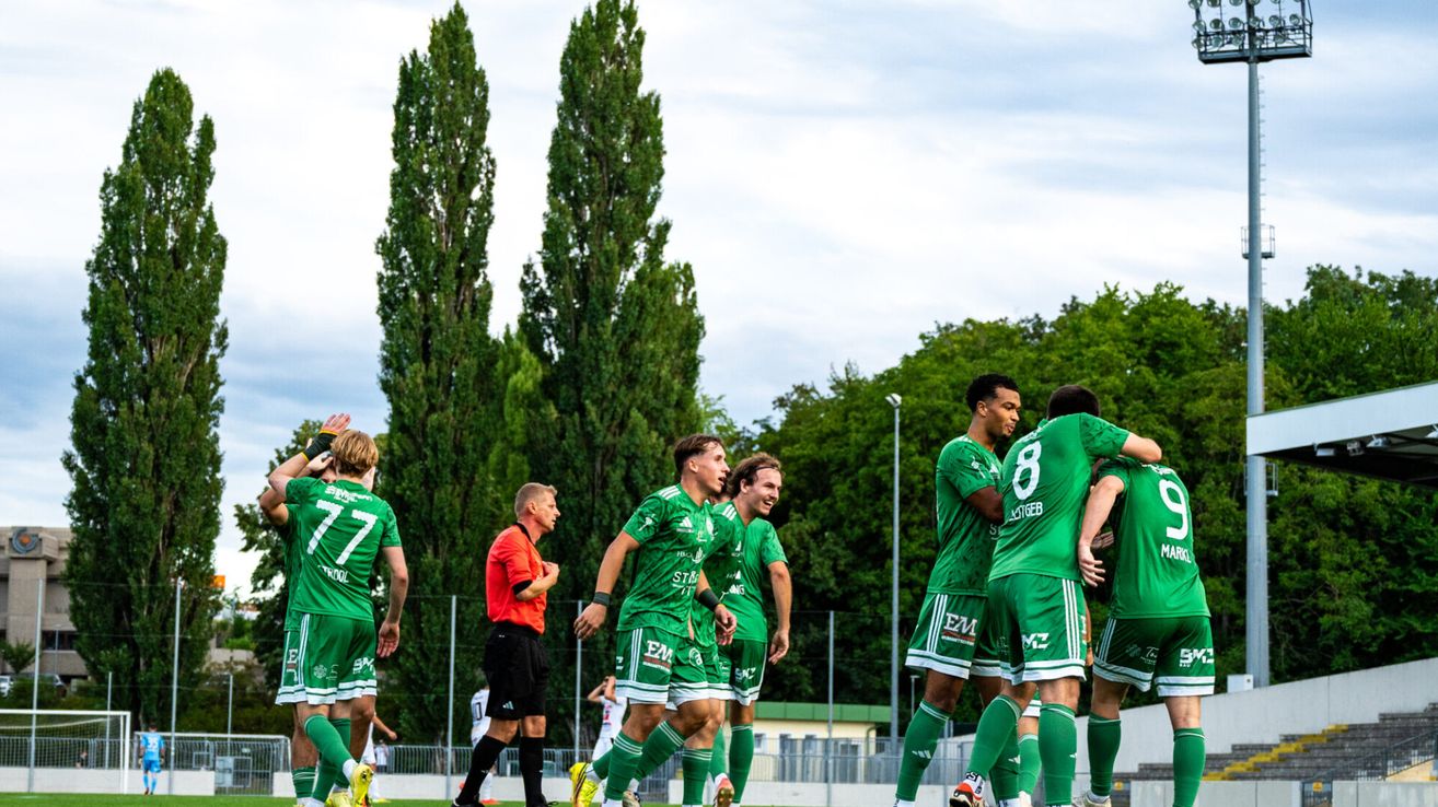 Eine Fußballmannschaft in grünen Trikots feiert ein Tor mit einem Schiedsrichter in Rot in der Nähe, vor einem Hintergrund von Bäumen und einem bewölkten Himmel.
