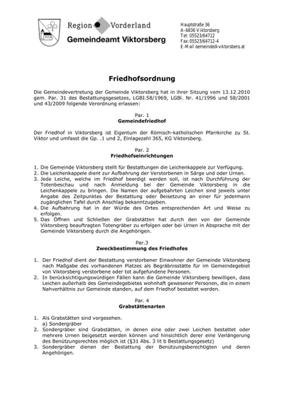 Ein Dokument mit dem Titel Friedhofsordnung aus Viktorsberg, das Vorschriften für den örtlichen Friedhof enthält, einschließlich Bestattungsprozeduren, Grabpflege und den Zweck des Friedhofs.