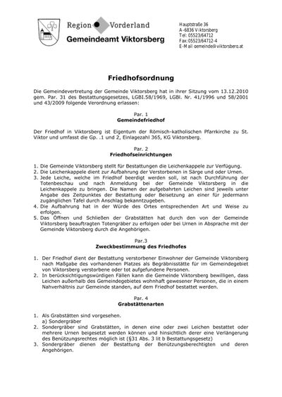 Ein Dokument mit dem Titel Friedhofsordnung aus Viktorsberg, das Vorschriften für den örtlichen Friedhof enthält, einschließlich Bestattungsprozeduren, Grabpflege und den Zweck des Friedhofs.