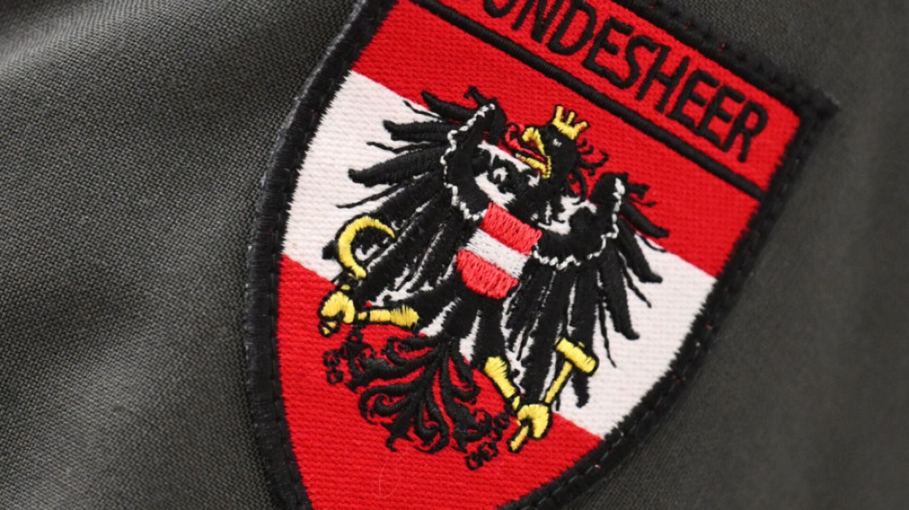 Ein Nahaufnahme eines Militärabzeichens mit einem schwarzen Adler, der einen roten Schild mit gelber Krone und Zepter auf rotem und weißem Hintergrund hält.