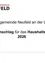 Ein weißer Plakat mit rotem Text und einem Logo oben. Es steht 'Stadtgemeinde Neufeld an der Leitha' und 'Voranschlag für das Haushaltsjahr 2026'. Unten links steht 'Leitha'.
