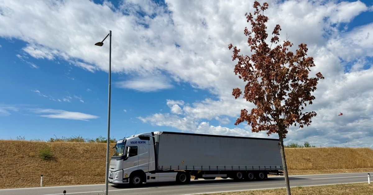 Ein weißer Volvo-Mietwagen fährt auf einer Straße mit einem bewölkten Himmel und einem Baum mit braunen Blättern.