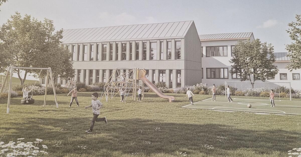 A rendering of a school playground with children playing on a slide and a soccer field.