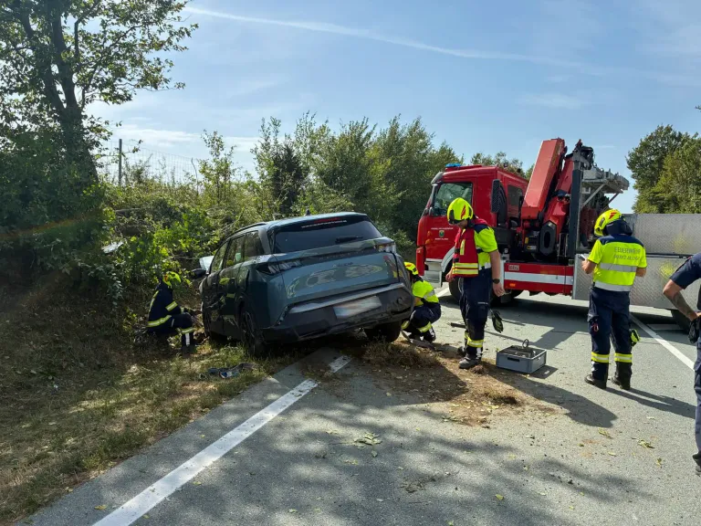 Rettungskräfte kümmern sich um einen Autounfall am Straßenrand, bei dem das Fahrzeug mit einem Baum kollidiert ist.
