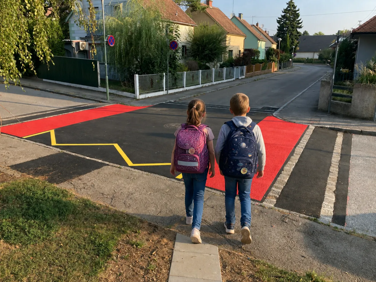 Two children with backpacks cross a red pedestrian crossing on a sunny day.