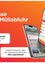Werbung für eine Smartphone-App, die Benutzer über Müllabfuhrtermine informiert. Die App wird auf einem Smartphone mit rotem Hintergrund und weißer Textüberlagerung angezeigt. Die App-Oberfläche zeigt verschiedene Optionen und Benachrichtigungen.