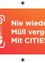 Ein orangefarbener Banner mit einem QR-Code auf der linken Seite und dem Text 'Nie wieder Müll vergessen Mit CITIES.' auf der rechten Seite. Der QR-Code ist weiß und der Text ist weiß auf orangefarbenem Hintergrund.