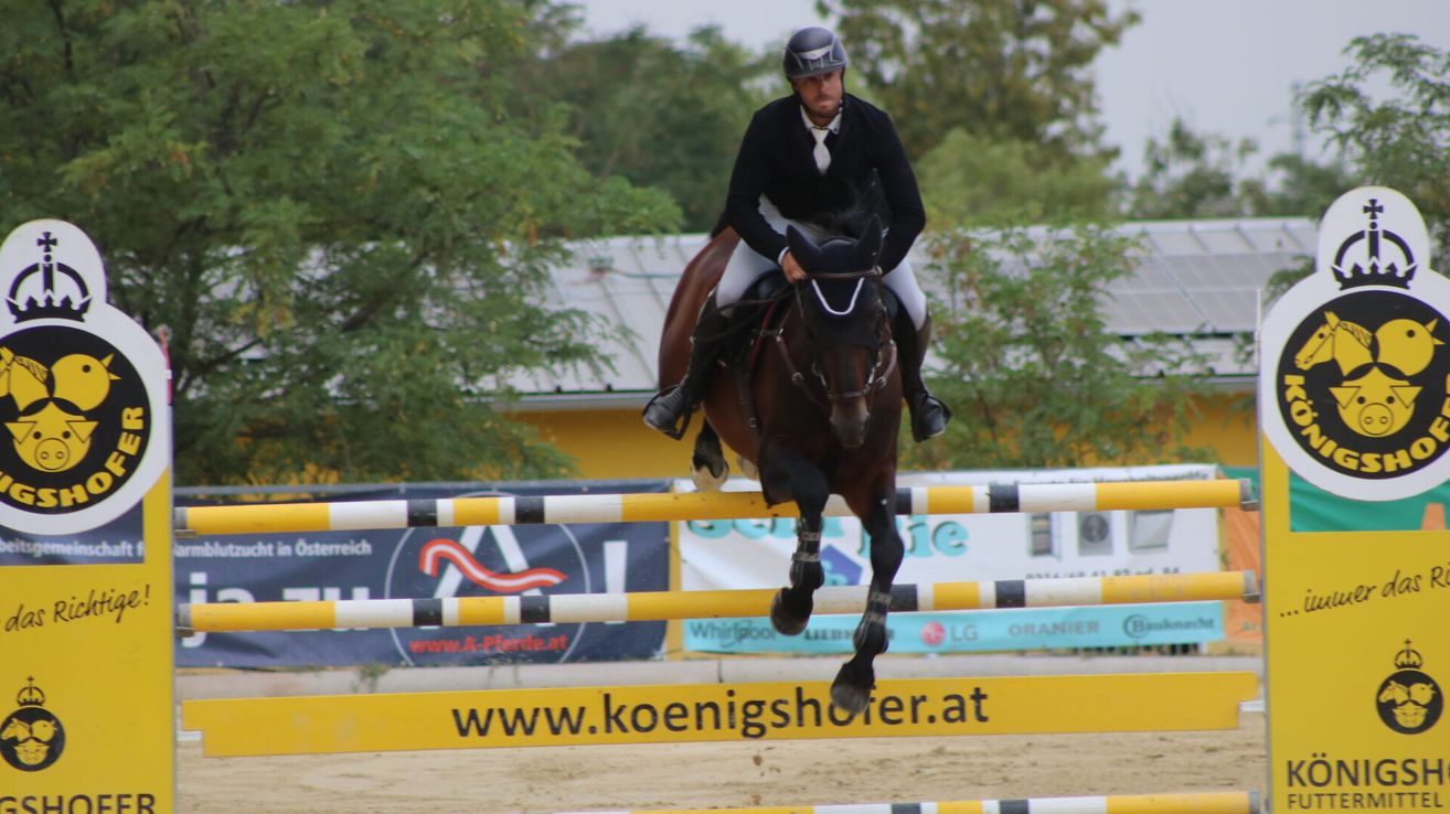 A rider in a black outfit and helmet is on a horse jumping over a hurdle. The horse is brown with black legs. The background shows a blurred banner with text.