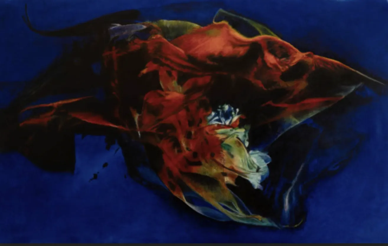 An abstract painting with vibrant red, yellow, and blue colors blending together on a blue background.