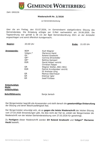 Ein Dokument zeigt das Protokoll einer Gemeinderatssitzung vom 03.07.2026 mit Details zu Anwesenden, Zeit und der Genehmigung des Protokolls der letzten Sitzung.