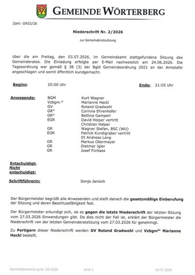 Ein Dokument zeigt das Protokoll einer Gemeinderatssitzung vom 03.07.2026 mit Details zu Anwesenden, Zeit und der Genehmigung des Protokolls der letzten Sitzung.
