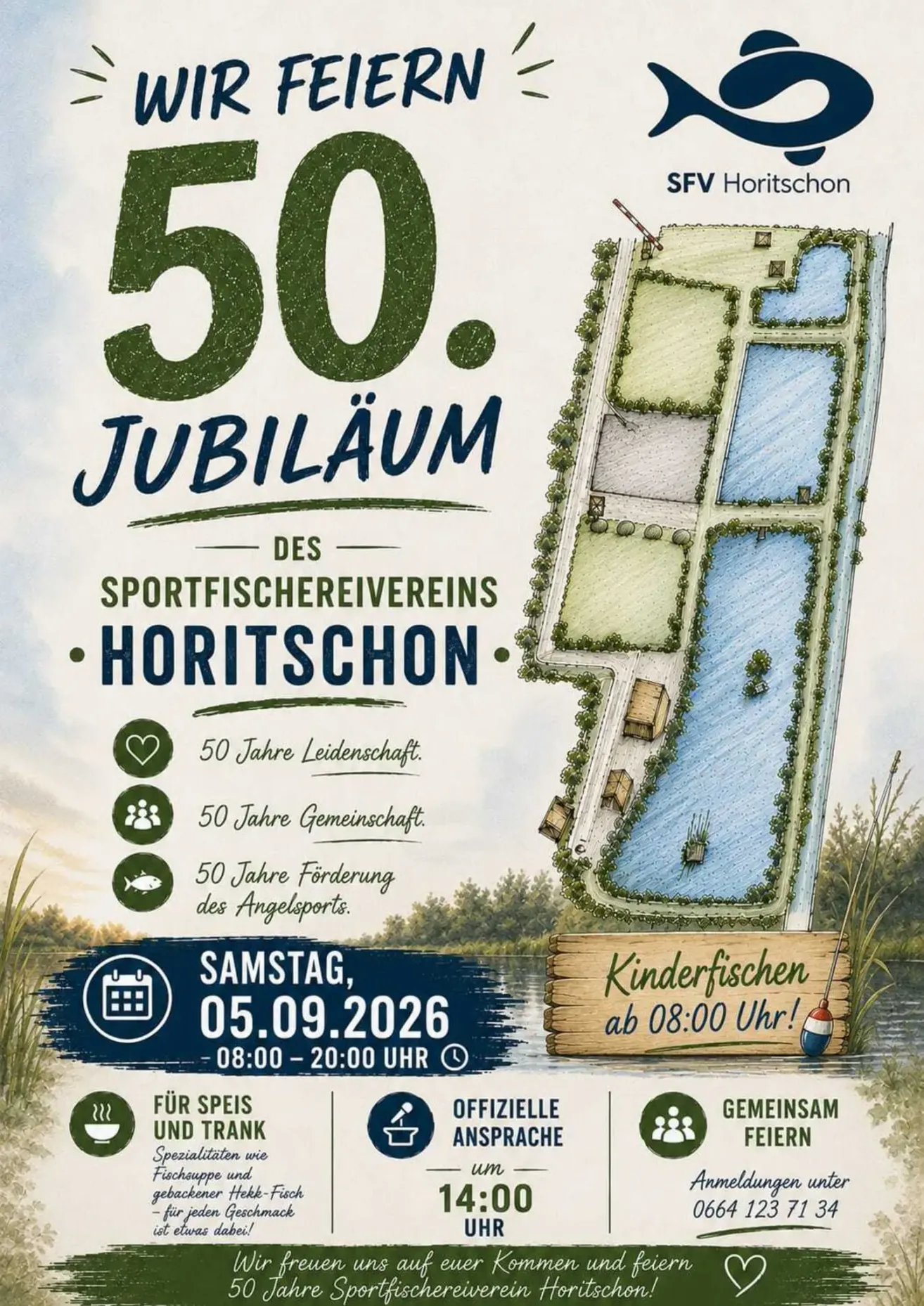 Plakat zum 50-jährigen Jubiläum des Sportfischereivereins Horitschon mit einer Karte eines Angelbereichs, einem See und verschiedenen Symbolen, die 50 Jahre Leidenschaft, Gemeinschaft und Förderung des Angelns darstellen. Die Veranstaltung ist für Samstag, 5. September 2026, von 08:00 Uhr bis 20:00 Uhr geplant.