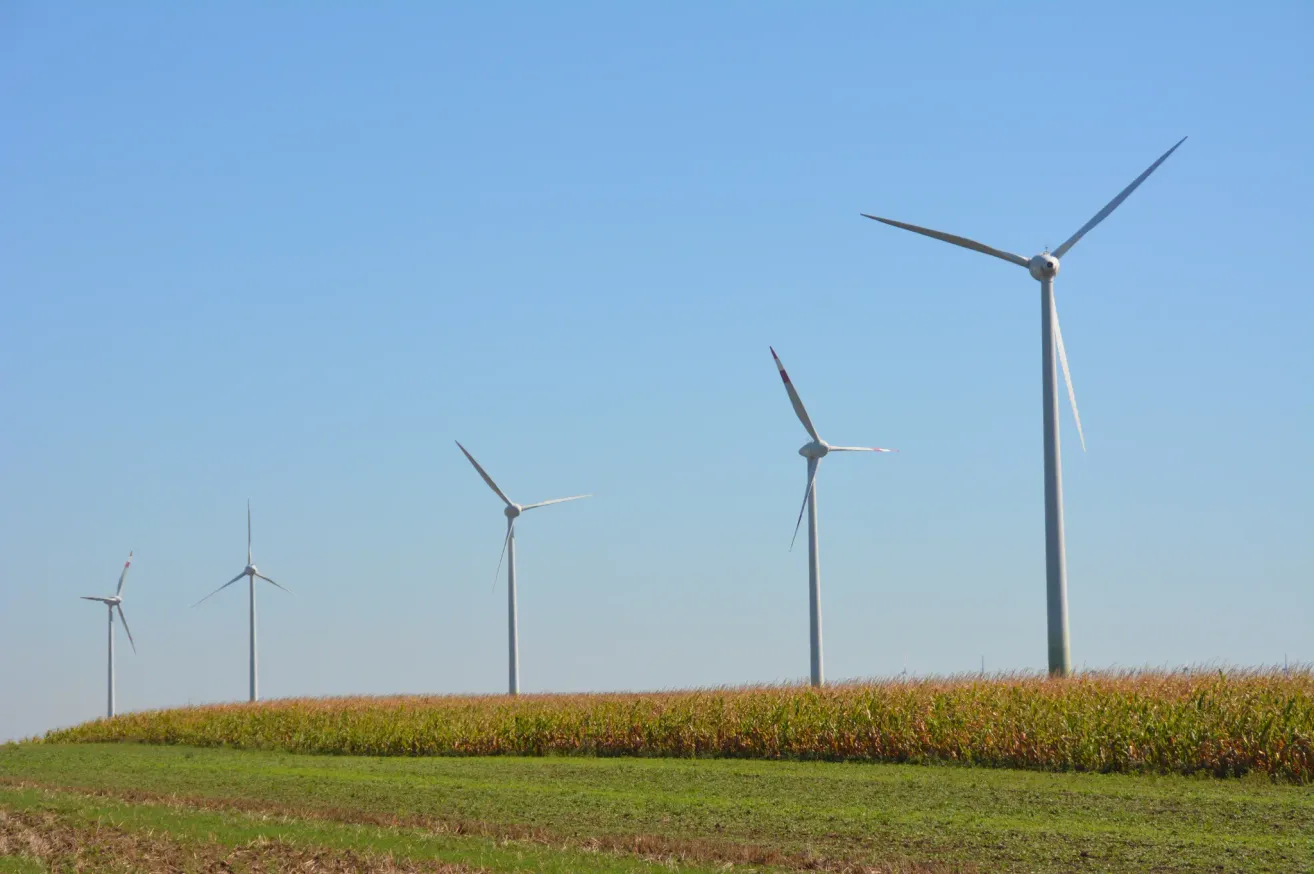 Four wind turbines stand in a row on a grassy field under a clear blue sky.