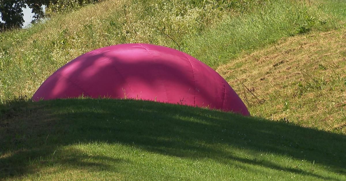 A large pink inflatable object is lying on a grassy field with a shadow cast on the grass.
