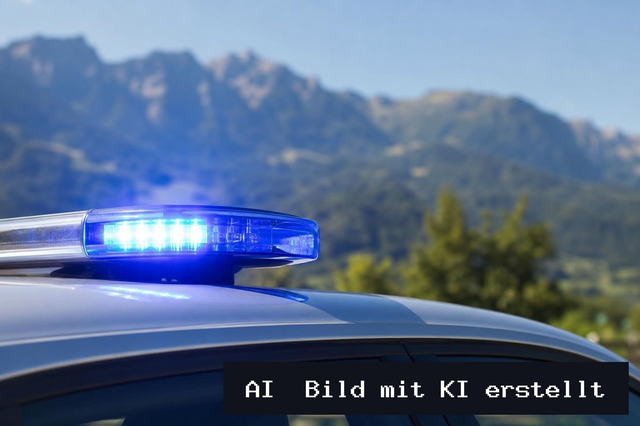 Ein Polizeiauto mit eingeschaltetem Blaulicht steht vor einer Bergkette.