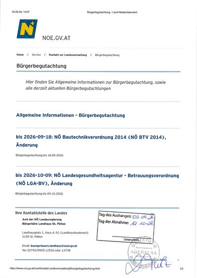 Ein Dokument mit dem Titel 'Burgerbegutachtung' bietet Informationen zur Bürgerbeteiligung, einschließlich Daten und Kontaktdaten für das NO Landesamt für Bautechnikverordnung und das NO Landesgesundheitsagentur.