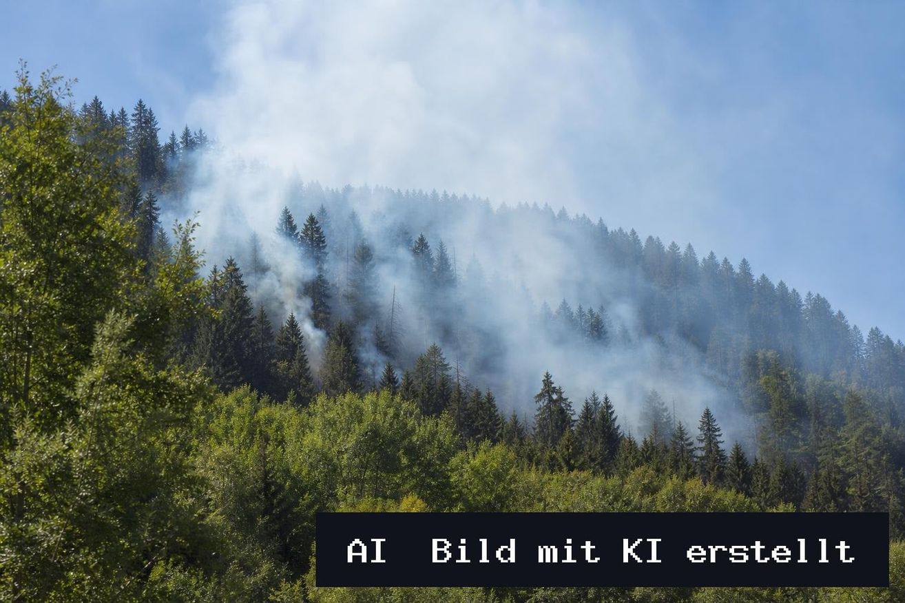 A forest with trees and smoke rising from a fire in the distance. The trees are green and the sky is blue.