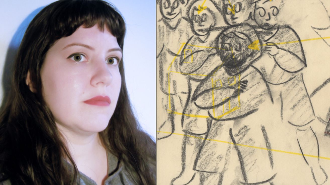 A woman with brown hair and pink lipstick is looking directly at the camera. On the right, a sketch of a person holding a child is visible.