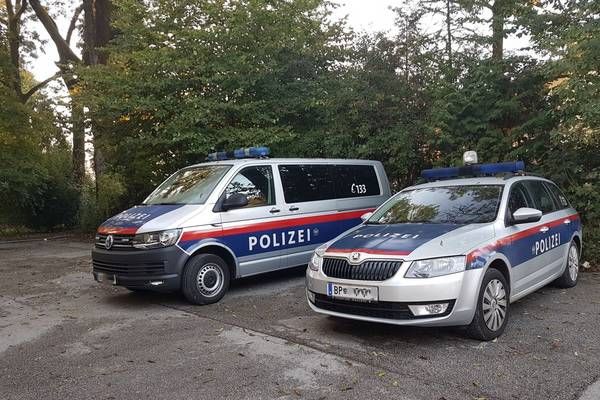 Zwei Polizeifahrzeuge sind auf einem Parkplatz geparkt, mit Bäumen im Hintergrund.
