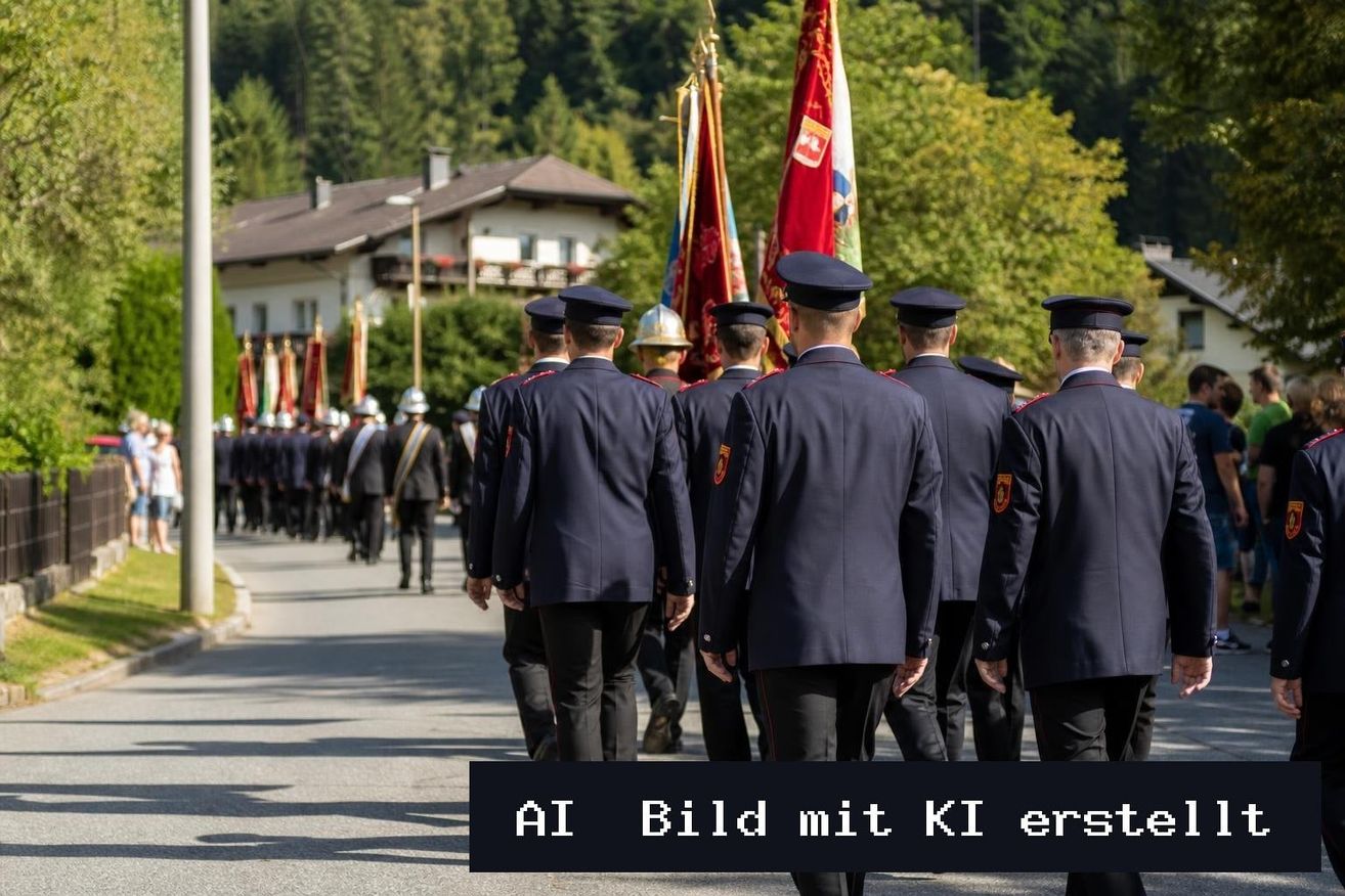 Ein Militärparade mit Soldaten in Formation, Flaggen und einem Haus im Hintergrund.