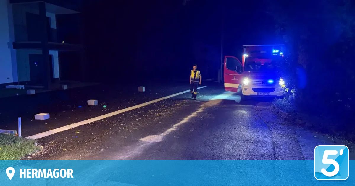 A person in a reflective vest stands by an ambulance with its door open on a road at night.