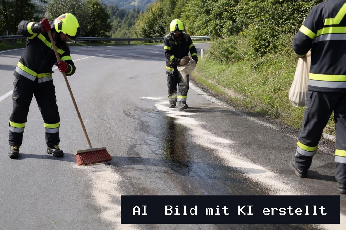 Two firefighters in yellow helmets are cleaning a road. One is sweeping, and the other is sprinkling white powder. Trees and a guardrail are in the background.