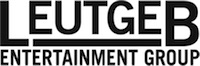 Black and white logo for LEUTGEB ENTERTAINMENT GROUP, featuring bold, sans-serif font. The 'L' is stylized with a horizontal line through it.