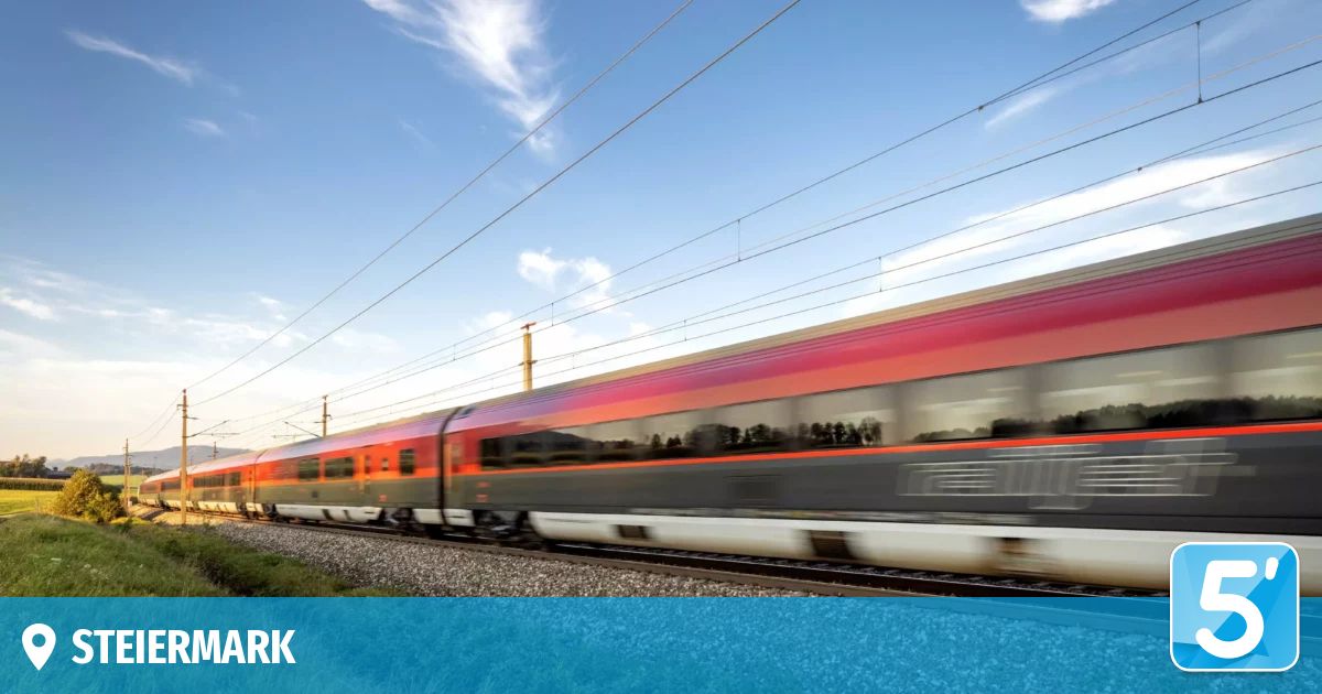 A high-speed train with red and gray colors is moving on the railway track. The sky is blue with some clouds.