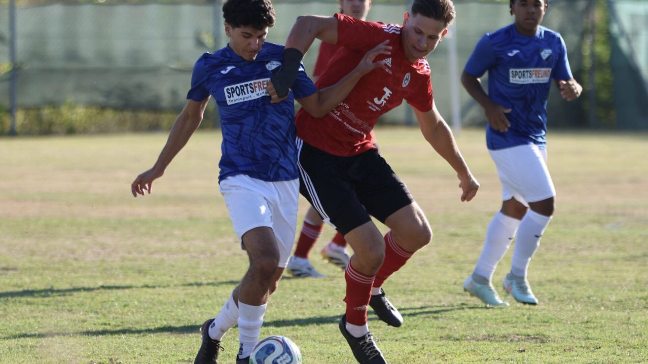 Two soccer players in blue and red jerseys are competing for the ball on a sunny day.