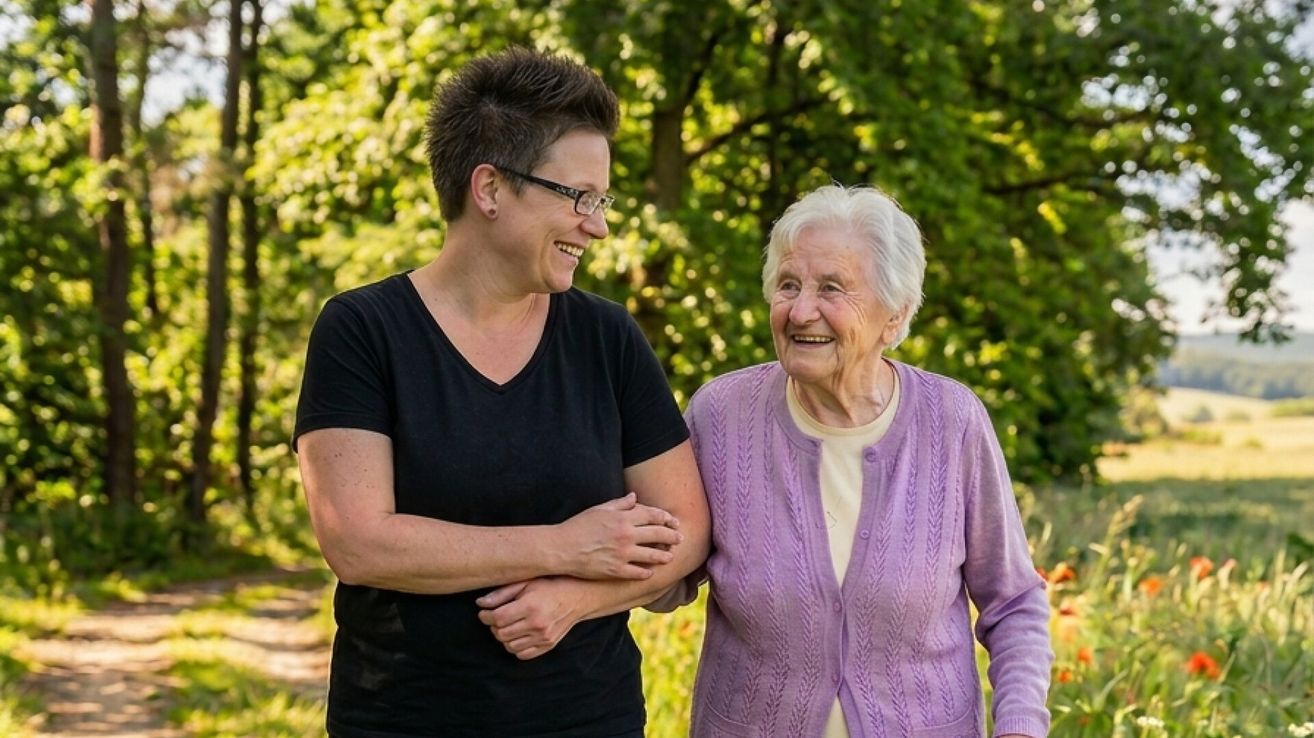 Two women standing in a park, one with glasses and a black shirt, the other with white hair and a purple cardigan, both smiling.