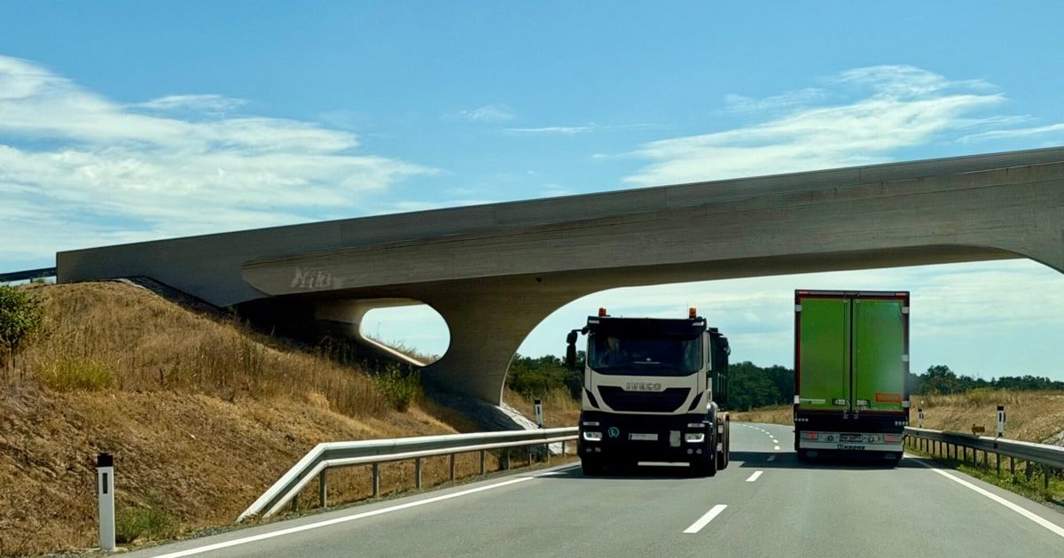 Zwei Lastwagen fahren auf einer Autobahn unter einem geschwungenen Betonüberbau an einem sonnigen Tag.