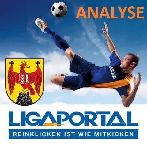 Ein Fußballspieler in einem blau-orangefarbenen Trikot tritt einen Fußball in die Luft. Das Bild zeigt ein Logo mit einem roten Adler und einem gelben Hintergrund mit dem Text 'LIGAPORTAL' und 'Reinklicken ist wie Mitkicken'.
