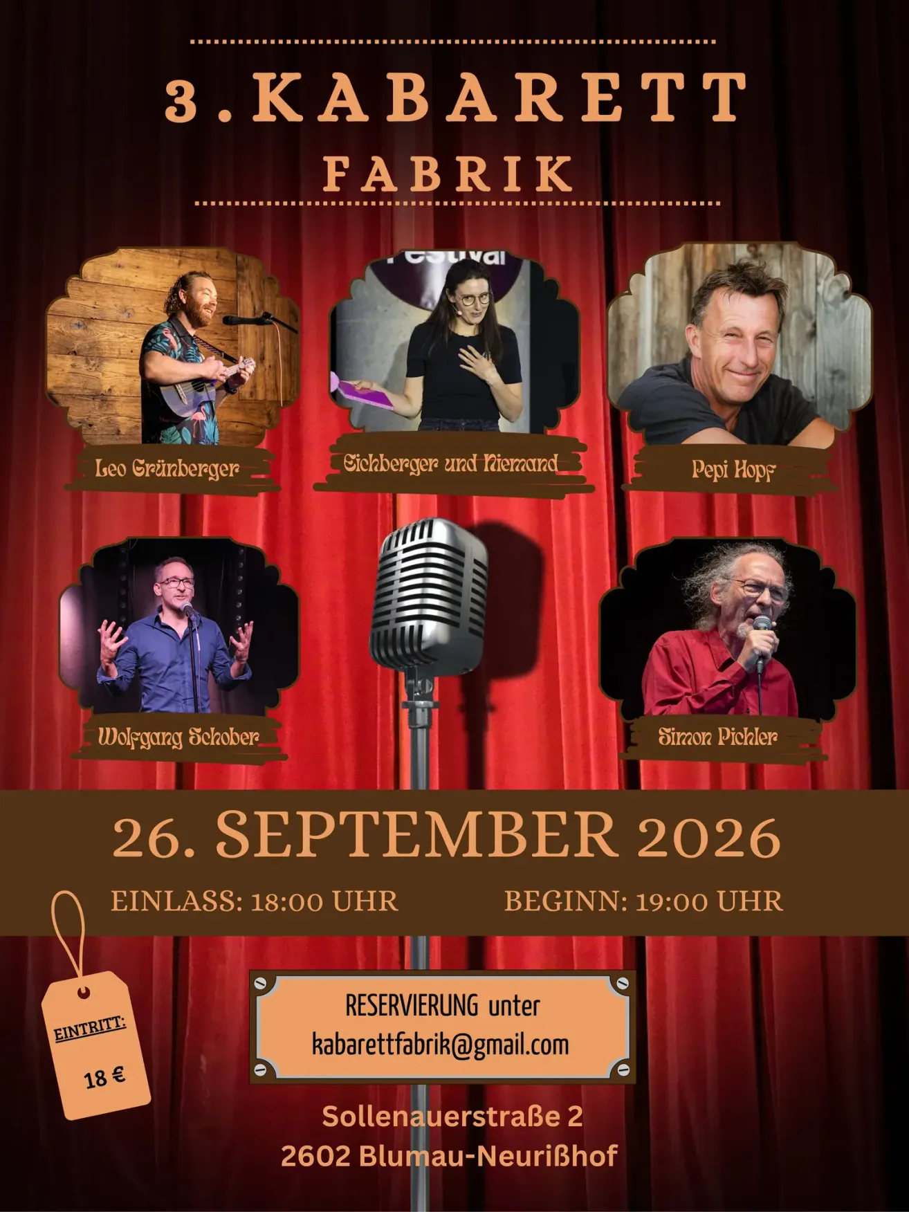Poster for a musical event featuring five performers. The event is scheduled for September 26, 2026, with entry at 6 PM and the performance starting at 7 PM.