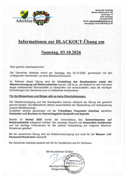 Gemeindemitteilung über eine Blackout-Übung am Samstag, 03.10.2026. Die Mitteilung erklärt den Zweck der Übung, die darauf abzielt, die Notwasserversorgung und Kanalsysteme im Falle eines Stromausfalls zu testen. Es wird versichert, dass es keine Einschränkungen für Bürger und Einwohner gibt.