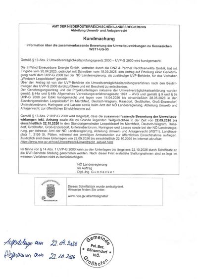 Dokument zur Umweltverträglichkeitsprüfung für ImWind Emsmündere Energie GmbH, mit Angaben zu Prozess und Fristen für die öffentliche Beteiligung.