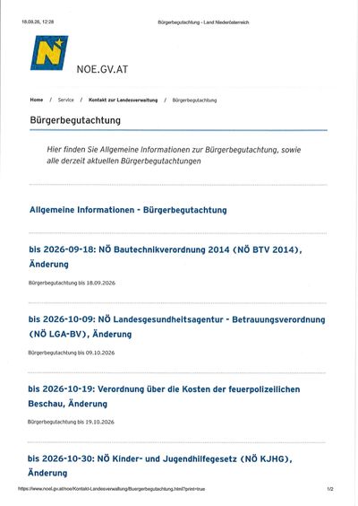 Eine Webseite mit dem Titel 'Burgerbegutachtung' bietet allgemeine Informationen und aktuelle Bewertungen. Abschnitte umfassen 'Allgemeine Informationen - Burgerbegutachtung', 'NÖ Bautechnikverordnung 2014', 'NÖ Landesgesundheitsagentur - Beauftragungsverordnung' und 'Verordnung über die Kosten der feuerpolizeilichen Beschau'. Jeder Abschnitt hat ein Datum, bis zu dem die Bewertung gültig ist.