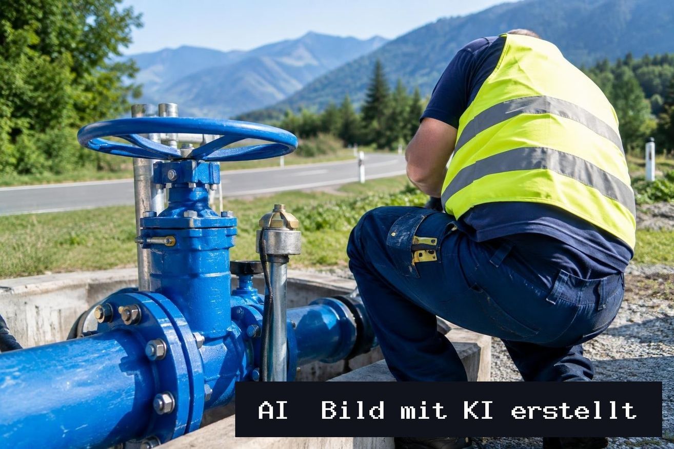 A worker in a safety vest is adjusting a blue valve near a road with mountains in the background.
